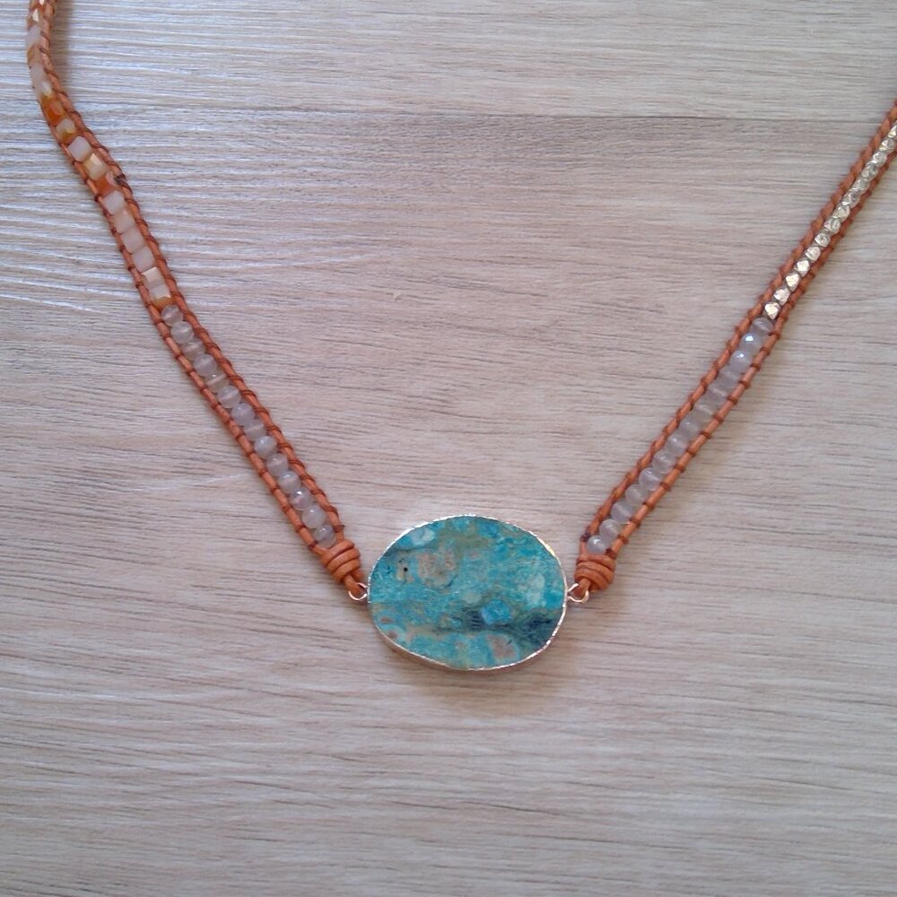 Gorgeous Turquoise Colour Stone and Leather Beaded Necklace - Picture 2 of 11